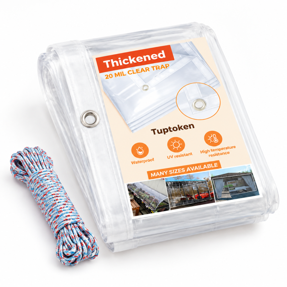 8x20FT-20MIL Clear Heavy Duty PVC Tarpaulin with Grommets for Patio and Garden Use