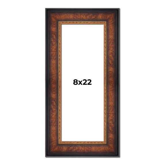8x22 Frame Brown Walnut Gold Ornate Trim Solid Wood Plein Air Picture Frame | 3 Inch Moulding Width