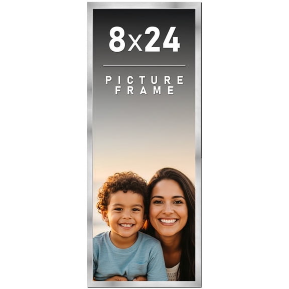8x24 Frame Silver Stainless Steel Solid Wood Picture Frame | 0.75 Inch Moulding Width | Includes UV