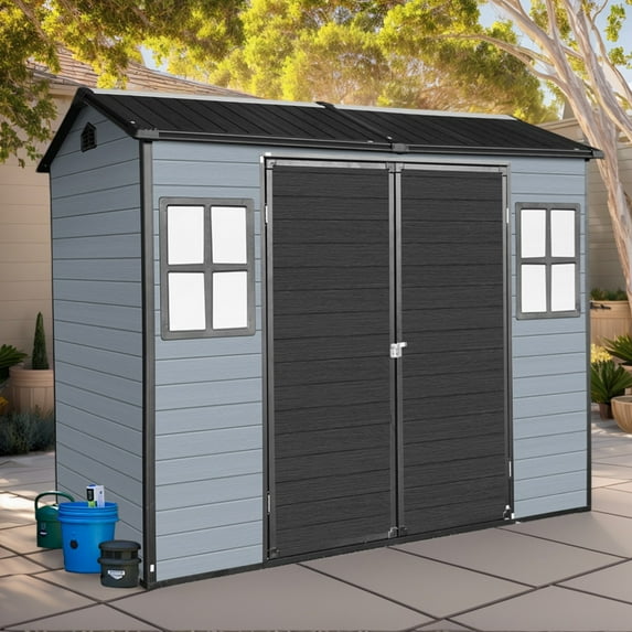 8x4 FT Resin Outdoor Storage Shed with Floor, Waterproof Garden Bike Shed with Lockable Door and 2 Windows, Easy Assembly Tool Shed for Bike, Tools, Garden Accessories