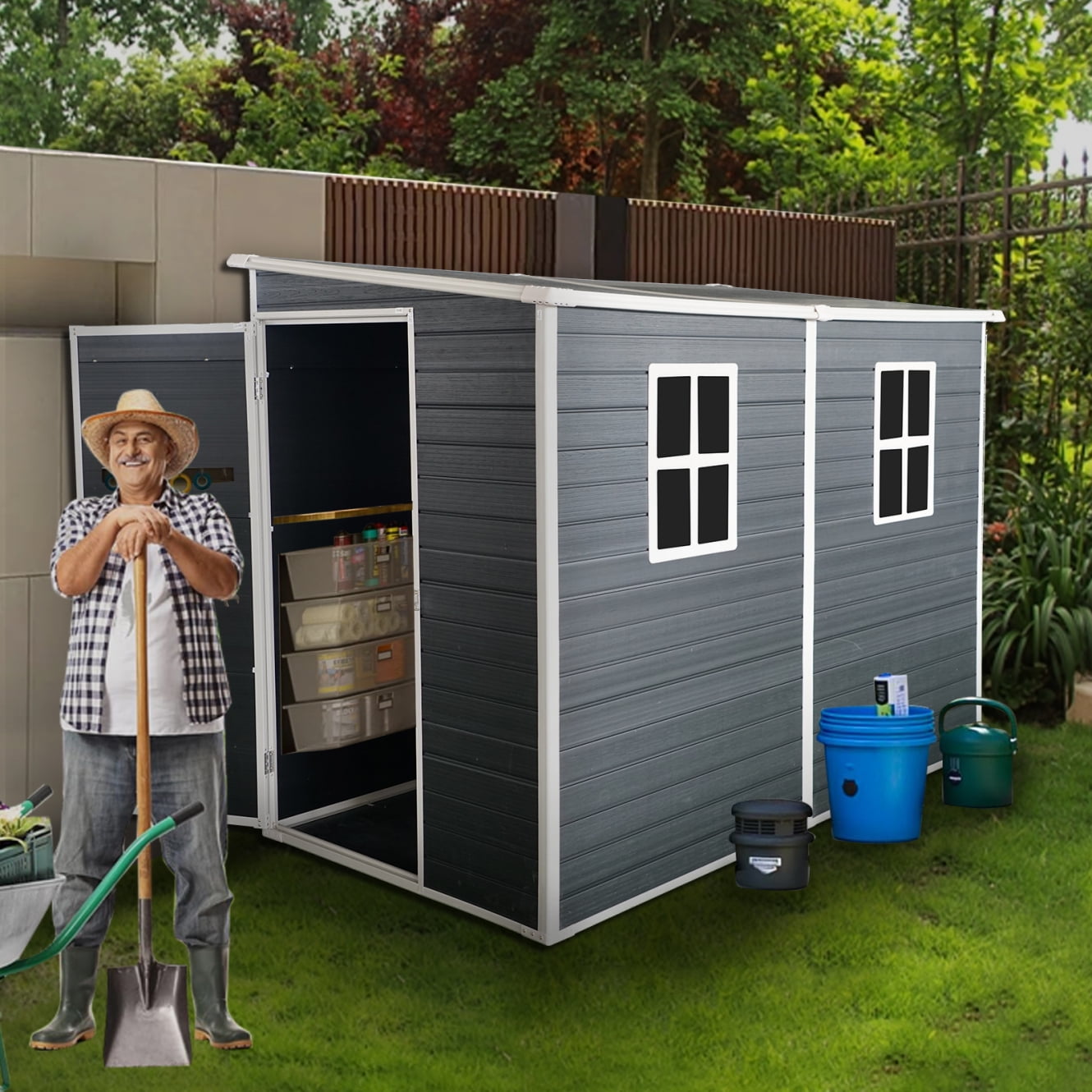 8x4FT Outdoor Resin Garden Shed, Plastic Patio Outdoor Storage Shed