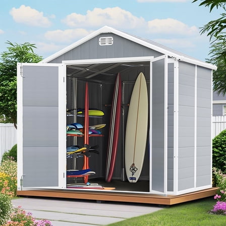 7.5x6.5FT Outdoor Storage Shed, Plastic Resin Shed w/Floor Lockable, Tool Bike Garden Patio Large Storage with Window, Sloped Top, Drainage Holes, 30MPH Wind Resistance