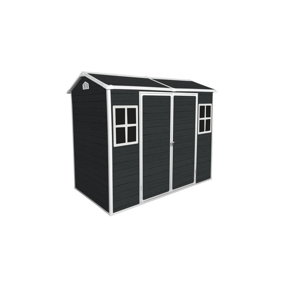 8x4ft Black Outdoor Resin Garden Shed - Durable Plastic Storage with Floor & 2 Windows. Lockable Door Perfect for Securing Garden Tools, Bicycles, and Trash Cans!