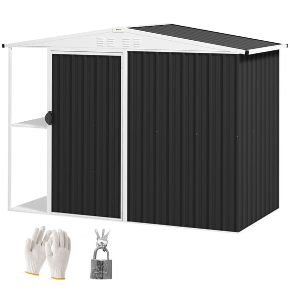 8x4ft Outdoor Metal Garden Shed with Air Vents, Lock, Two-Tier Rack, Anti-UV Roof, Dark Gray