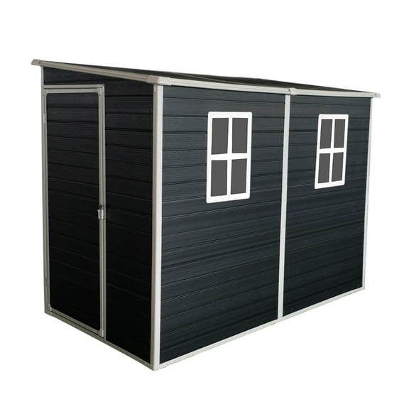 8x4ft Outdoor Resin Garden Shed with Floor, 2 Windows, and Lockable Door Black Plastic Patio Storage for Tools, Bikes, and Trash Cans