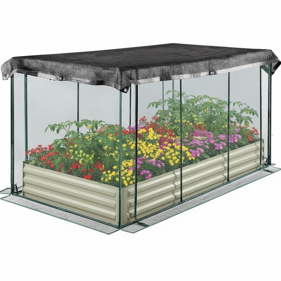 8x4x1ft Galvanized Steel Raised Garden Bed with Protective Net & Sun Shade,Bottomless Design,Metal Planter Boxes with Lid for Vegetables, Flowers, Herbs, Beige