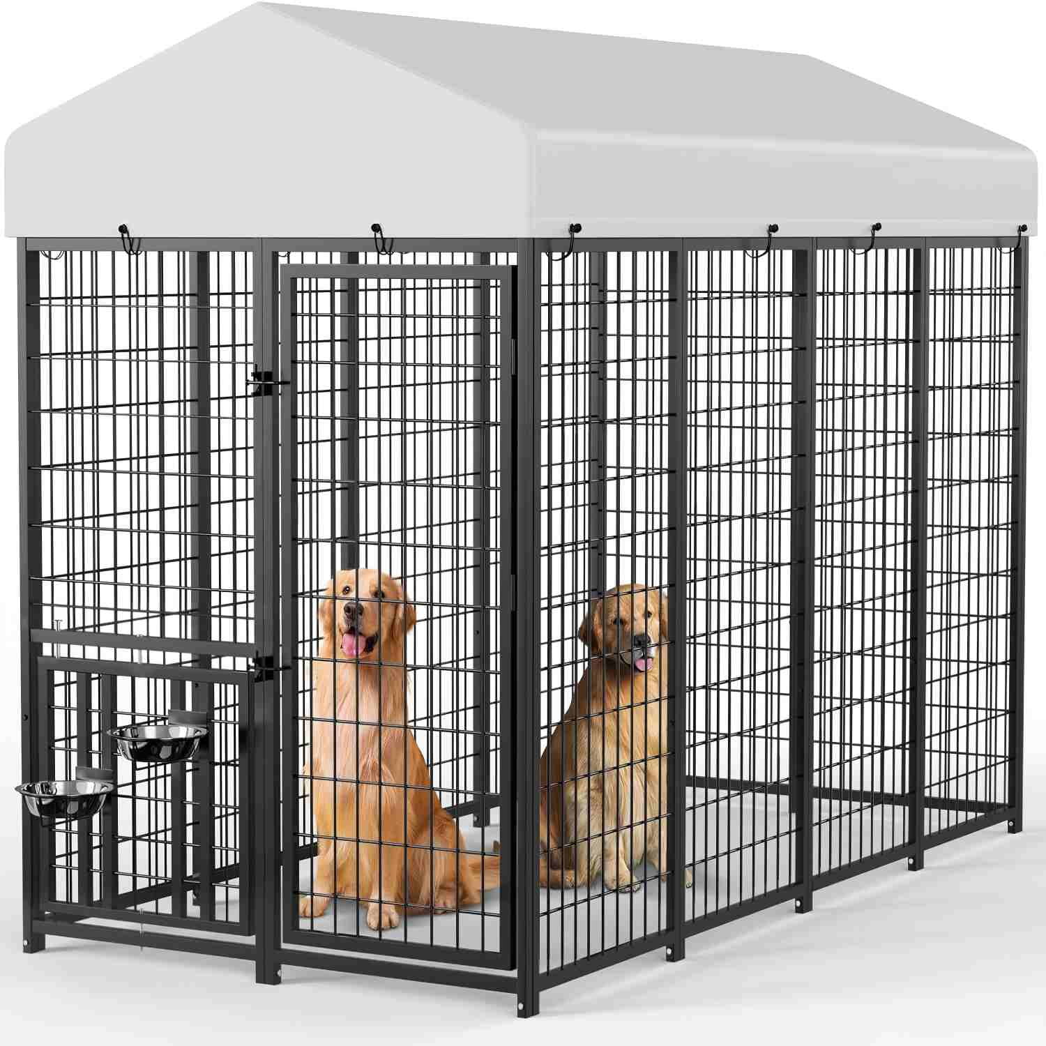 8x4x5.6FT Outdoor Dog Kennel, Large Outside Dog Kennel with Roof and 2 Rotating Bowls & Secure Lock for Large Dogs
