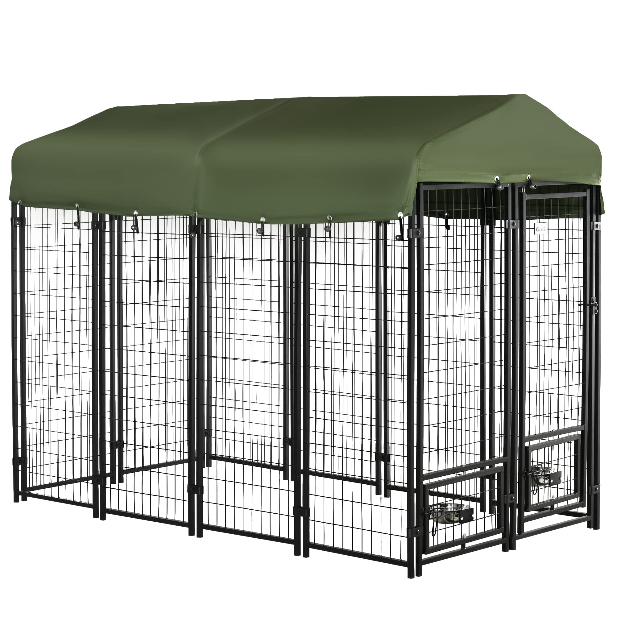 8x4x6 Feet Outdoor Dog Kennel for Small Medium Large Dogs, Heavy Duty Welded Wire Dog Run with 360° Rotating Bowls, Waterproof UV Resistant Cover, Secure Pet Playpen, Green