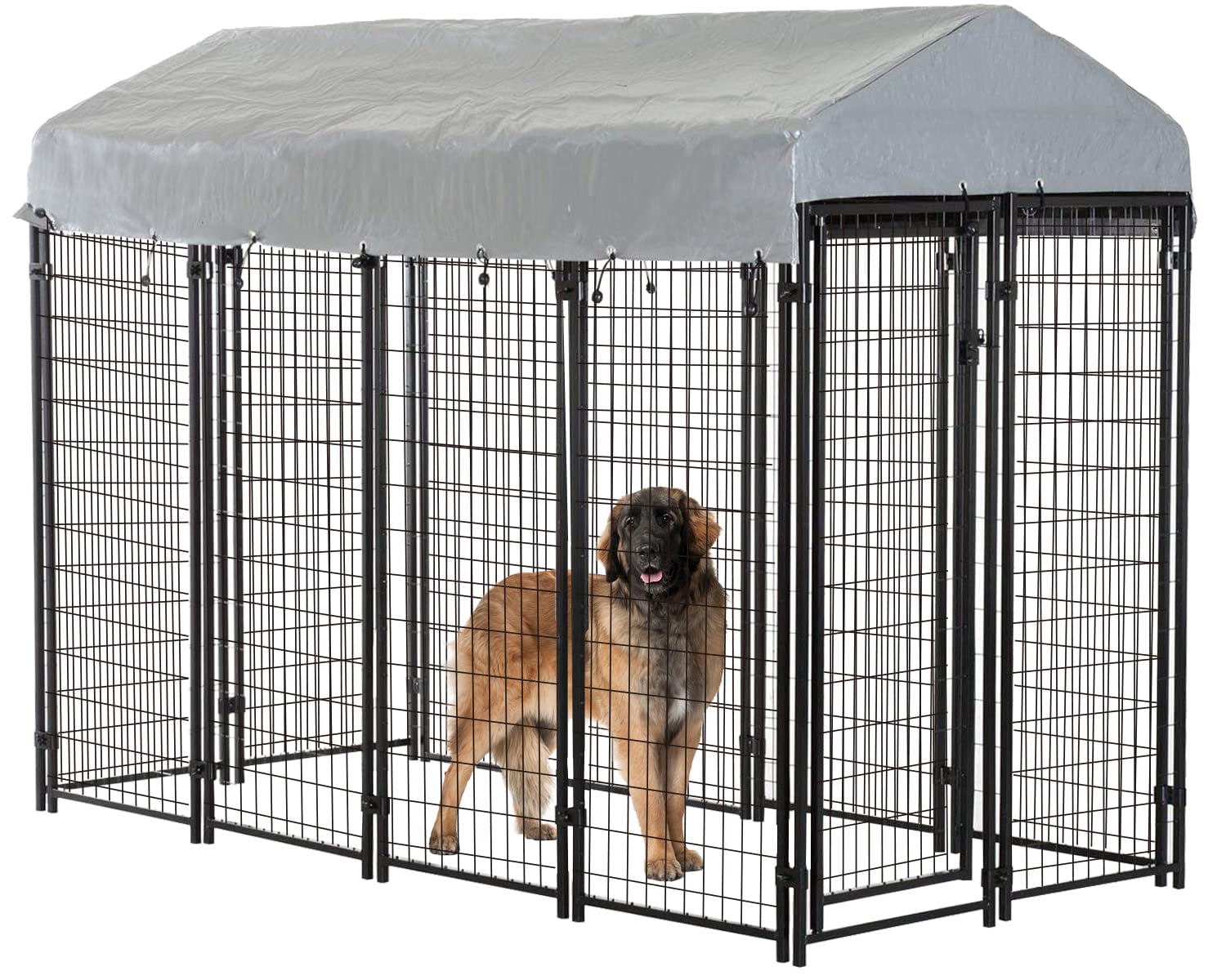 8x4x6 Ft Heavy Duty Metal Dog Kennel Outdoor Playpen, Galvanized Welded Pet Cage with UV Waterproof Cover, Secure Camping Fence for Large Dogs, Black