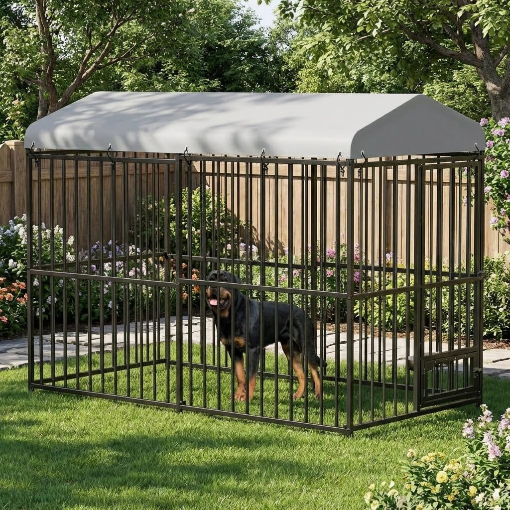 8x4x6 ft Large Outdoor Dog Kennel with Feeding Doors, Large Dog Kennel with Waterproof Roof, Heavy Duty Dog Enclosures for Outdoor Garden Backyard Courtyard Black