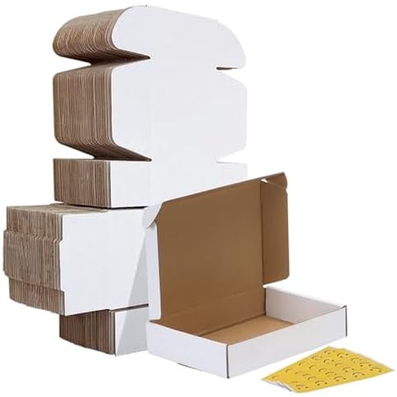 8x5.5x1.6 inches Shipping Boxes Set of 25, White Corrugated Cardboard Box Literature Mailer, 25 Stickers Included