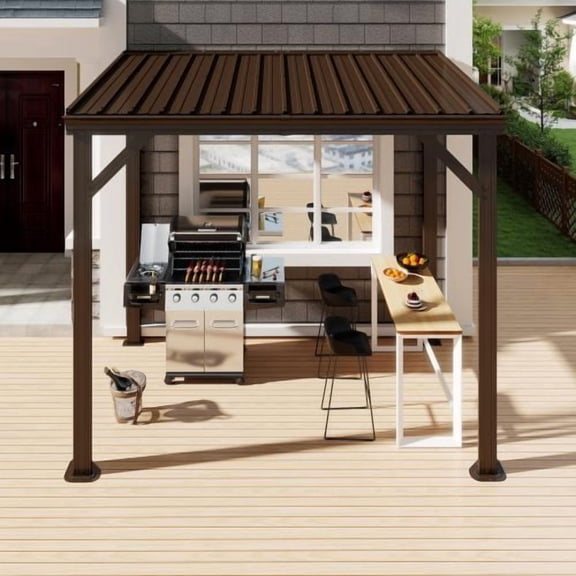 8x5 FT Brown Hardtop Lean-to Wall Mounted Gazebo with Galvanized Steel Roof & Drainage System, Heavy Duty Outdoor Shelter for Deck, Porch, Backyard