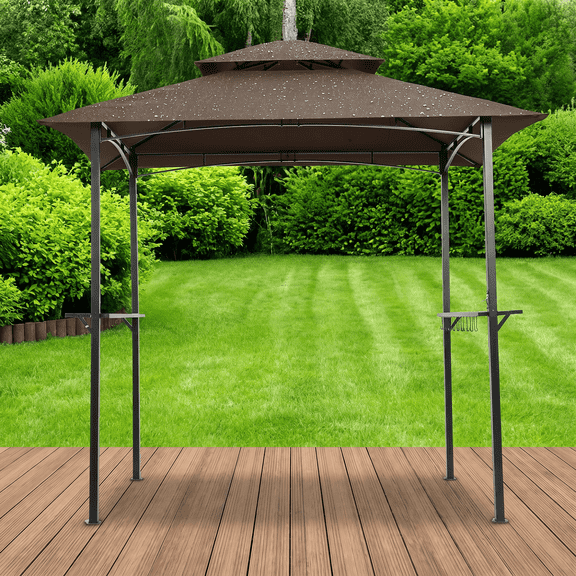 8x5 Ft Grill Gazebo Replacement Canopy, Double Tiered BBQ Tent Roof Top Cover Only, Fire-Retardant UV-Protected Water-Repellent Fabric for Outdoor Backyard Grilling (Tan/Brown)