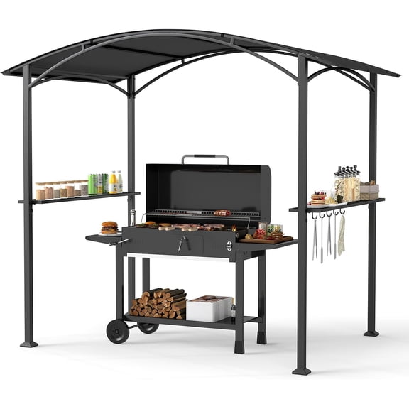 8x5 ft Grill Gazebo Outdoor BBQ Canopy with 2 Metal Shelves, Curved Roof Patio Barbecue Shelter Tent w/ 5 Hooks 8 Ground Stakes for Backyard Deck Garden