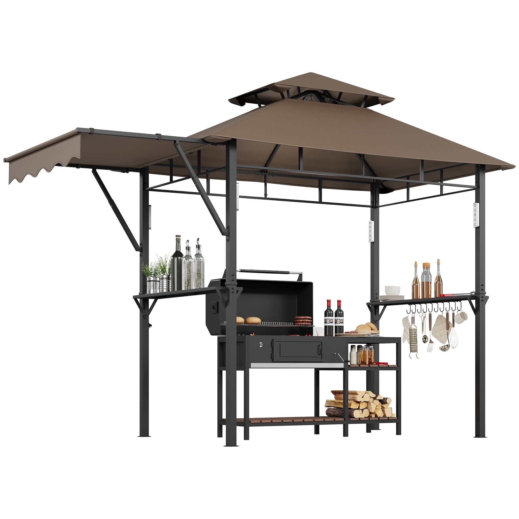 8x5 ft Grill Gazebo with Double-Tiered Roof, Heavy Duty Steel Frame BBQ Canopy with Side Shelves, LED Lights, Hooks & Bottle Opener for Backyard