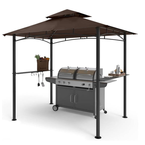 8x5Ft Outdoor Grill Gazebo, Double Tiered BBQ Gazebo with 2 Side Shelves, Patio Canopy Tent for Patio, Garden, Beach, Backyard, Barbecue Grill Shelter(Brown)
