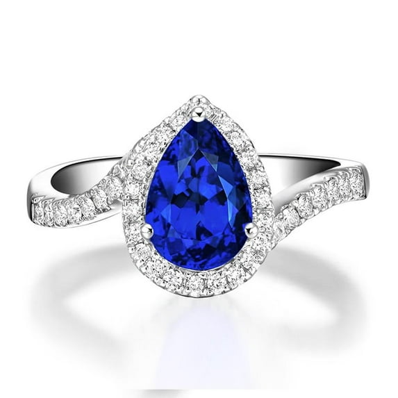 8x5mm Pear Shape 1.75 Carat Blue Sapphire And Moissanite Diamond Curved Engagement Ring for Women in 10k White Gold