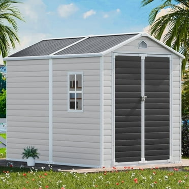 8x6 FT Large Waterproof Plastic Sheds, Outdoor Resin Storage Shed with Floor & Lockable Door & Window & Vents, Plastic Tool Shed for Backyard, Patio, Poolside, Grey