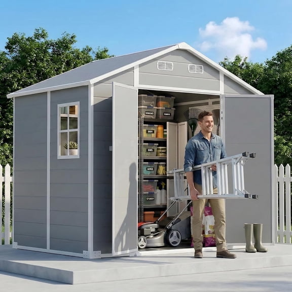 8x6 FT Outdoor Resin Storage Shed with Floor, Lockable Double Door & Ramp, Waterproof Plastic Garden Shed with Window & Vents for Patio Backyard Grey