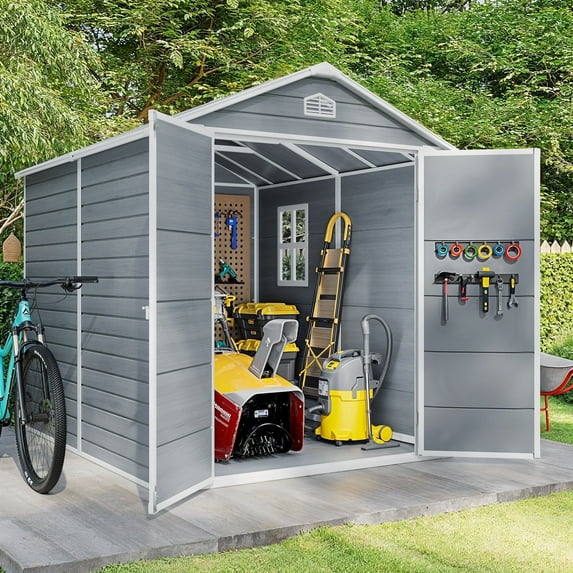 8x6 FT Outdoor Storage Shed, Asofer Resin Garden Shed with Floor, Heavy-Duty Plastic Shed, All-Weather Colorfast, Grey
