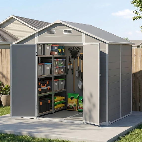 8x6 FT Outdoor Storage Shed with Floor,Lockable Double Doors, Ramp,Windows & Vents - Waterproof Garden Tool Shed,All-Weather Garden House,for Backyard,Garden,Poolside,Bike,Lawn Mower,Patio Furniture