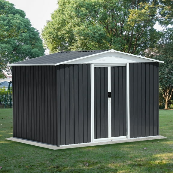 8x6 FT Outdoor Storage Shed, Metal Tool Sheds with Lockable Sliding Door & Air Vent, Garden Shed for Backyard Garden Patio Lawn, Grey