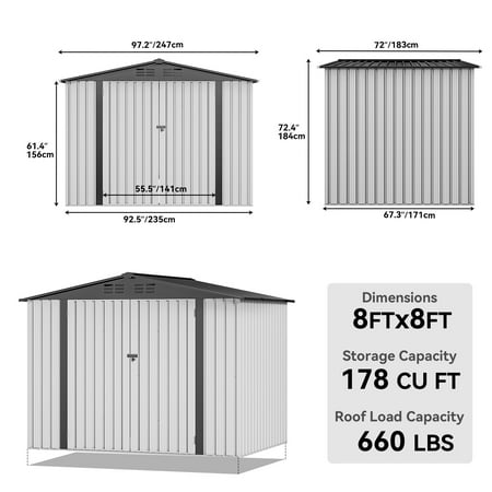 8x6 FT Outdoor Storage Shed with Lockable Doors & Air Vent, Large Metal Tool Sheds House for Backyard Patio to Store Bikes, Tools,White