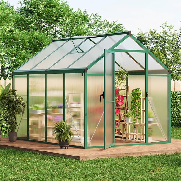 8x6 FT Polycarbonate Greenhouse with Roof Vent, Lockable Door & Ground Nails - Spacious Aluminum Walk-in Garden Shed for Backyard & Patio