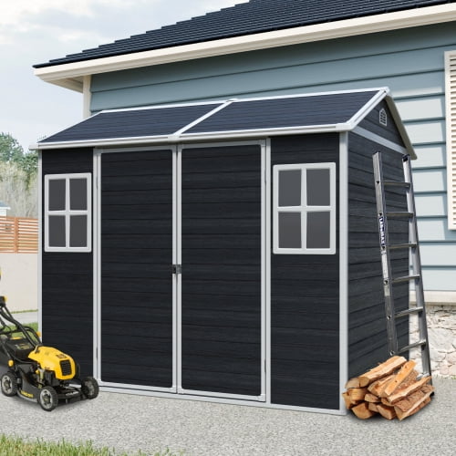 8x6 FT Outdoor Storage Shed with Floor, Waterproof Tool Shed Heavy-Duty Storage Unit with Two Windows, Vents and Lockable Door, Ideal for Bicycles, Garage, Backyards, Patios, Lawns, Black