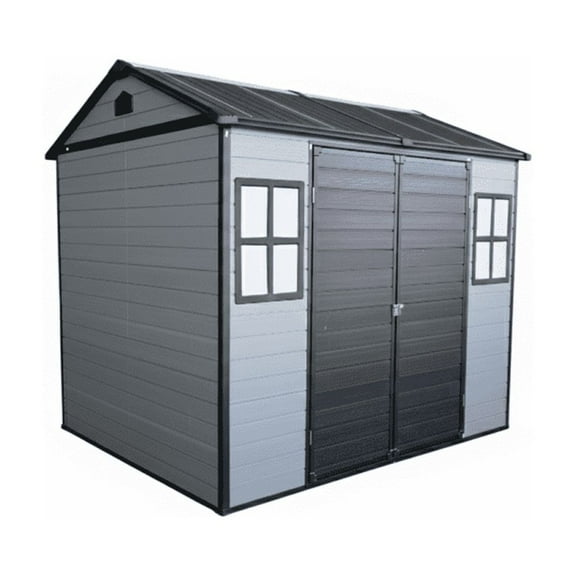 8x6 FT Resin Storage Shed with Floor, 2 Windows & Lockable Door, Grey+Black Outdoor Shed  for Garden Tools