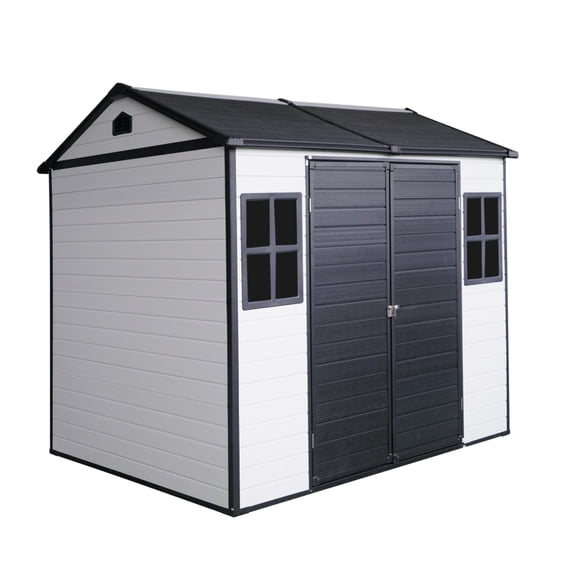 8x6 FT Resin Storage Shed with Two Windows - Floor & Lockable Door for Garden Tool Organization