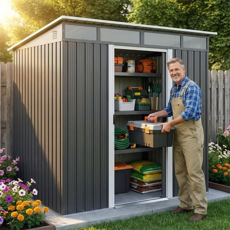8x6 FT Shed, Jolifa Outdoor Metal Storage Shed Clearance with Lockable Sliding Doors | Waterproof | Rust-Resistant , Dark Gray