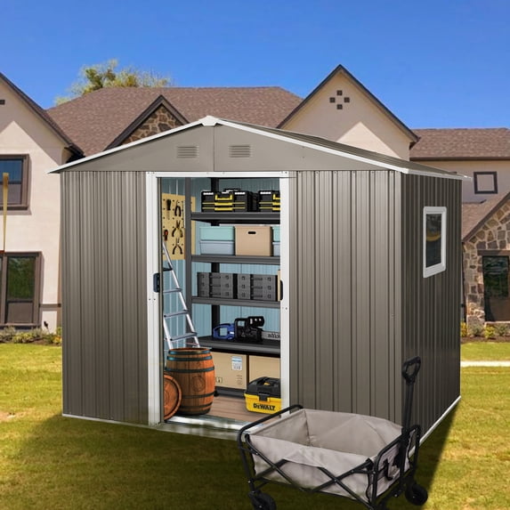 8x6 FT Storage Shed Outdoor Metal Tool Shed Gray Waterproof with Lockable Sliding Door Foundation for Garden Backyard Patio Lawn, With Window