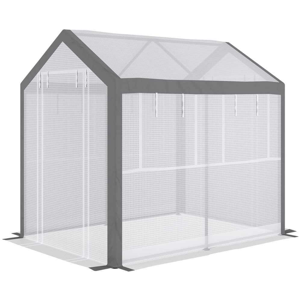 8x6 FT Walk-In Greenhouse with 6 Roll-Up Windows, 2 Zippered Doors & Weather Cover for Outdoor Gardening