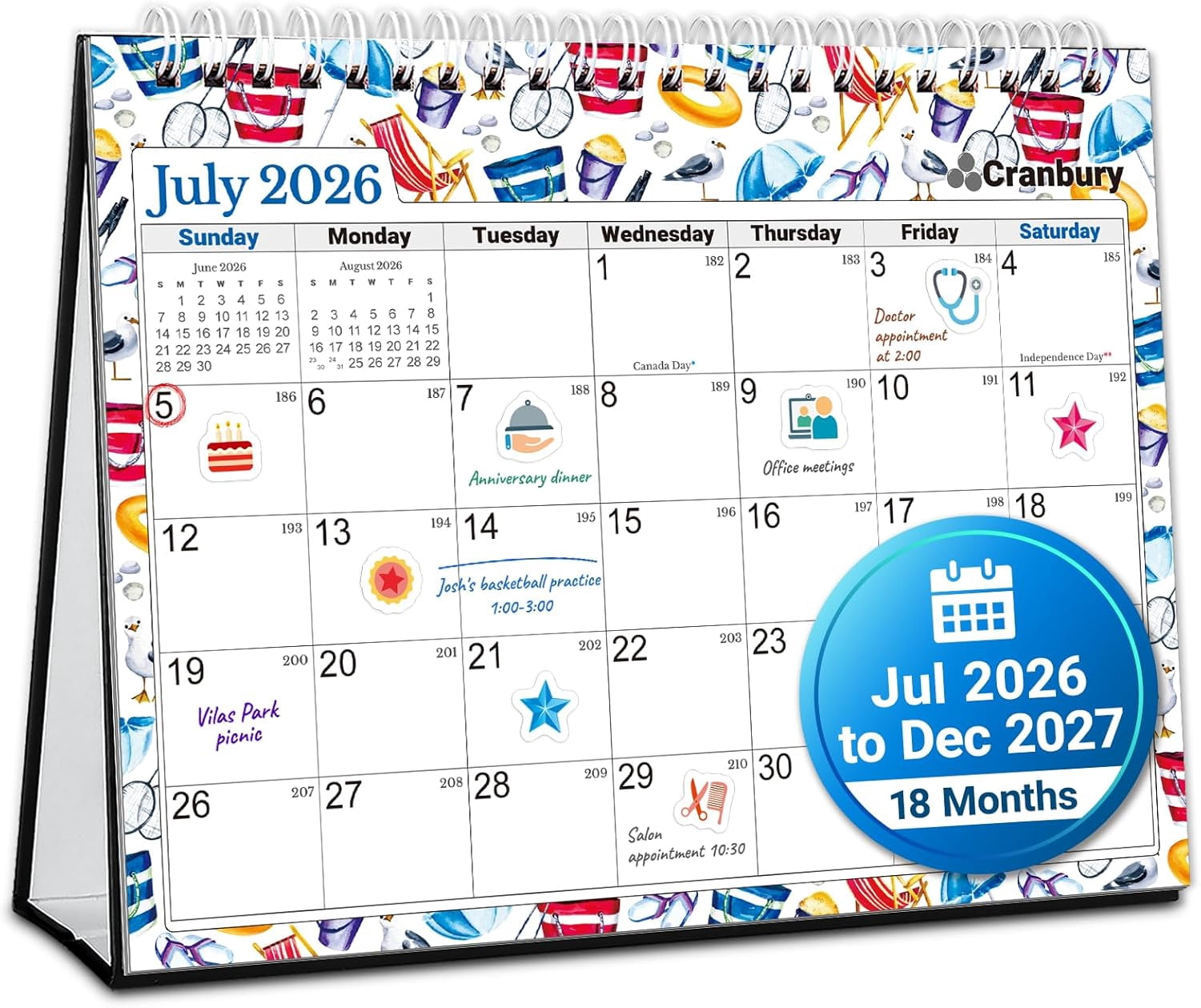 8x6 Small Standing Desk Calendar 2026-2027, July 2026 to December 2027, Academic Stand Up Flip Desktop Planner with Seasonal Designs, Twin-Wire Binding, Includes Stickers for School & Office