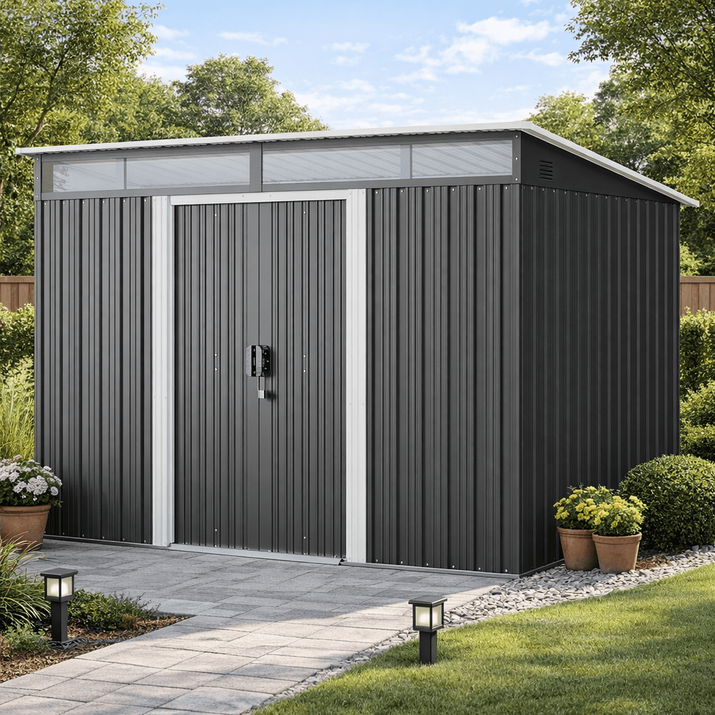 8x6 ft Outdoor Storage Shed with Double Lockable Doors - Weather-Resistant Garden Shed in Gray