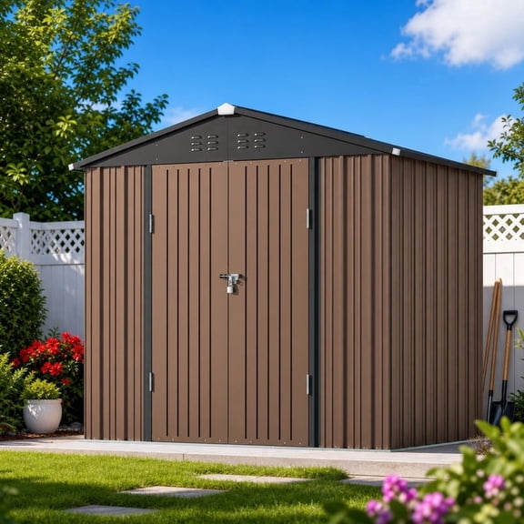 8x6 ft Metal Outdoor Storage Shed with Double Lockable Doors - Weather-Resistant Garden Shed in Natural