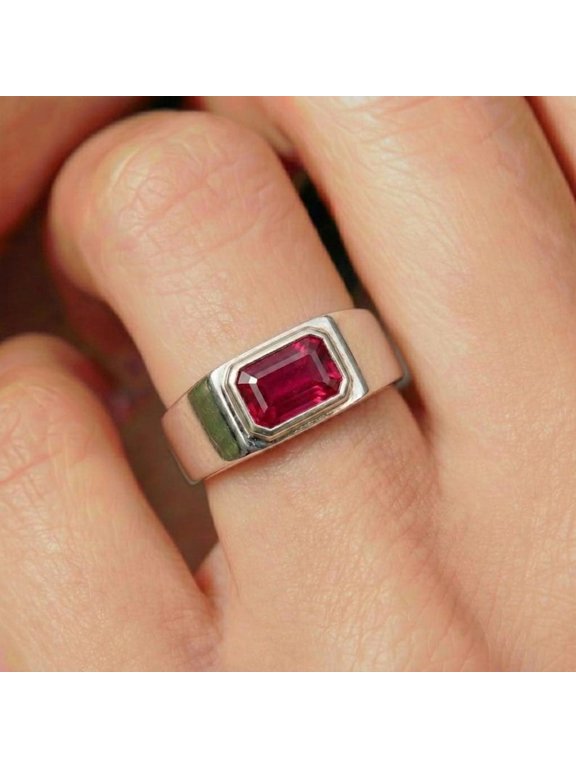 8x6 mm Bold Ruby Signet Ring | Sterling Silver Emerald Cut Red Gemstone Ring | Modern Unisex Statement Jewelry | July Birthstone Gift