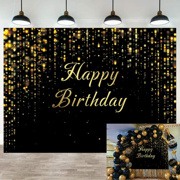 8x6FT Birthday Backdrop Black Gold Backdrop Glitter Spots Photography Backdrop Adults Man Boy Birthday Party Decorations