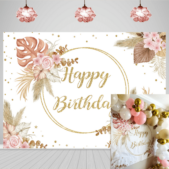 8x6FT Birthday Backdrop Bohemian Pink Pampas Grass Floral Golden Dots Background Girls Party Decor Banner Suplies