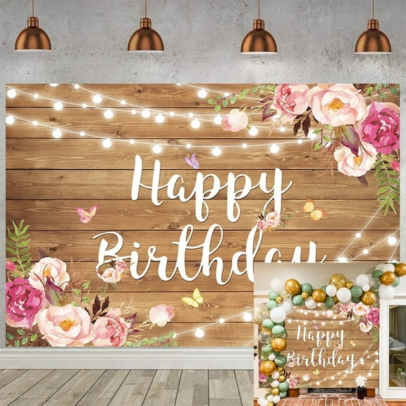 8x6FT Birthday Backdrop Brown Glitter Wood Wall Birthday Banner Spring Flower Butterfly Birthday Background Pink Birthday Decorations Easter Party Supplies