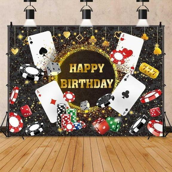 8x6FT Birthday Backdrop Las Vegas Casino Night Party Background for Casino Theme Poker Dice Gold Glitter Happy Birthday Party Decorations Banner