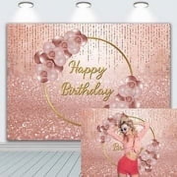8x6FT Birthday Backdrop Vinyl Pink Rose Gold Balloon Gold Ring Flowers Backdrops Photography Queen Women Sweet Princess Girl 16st 18th Birthday Party Photo Studio Booth
