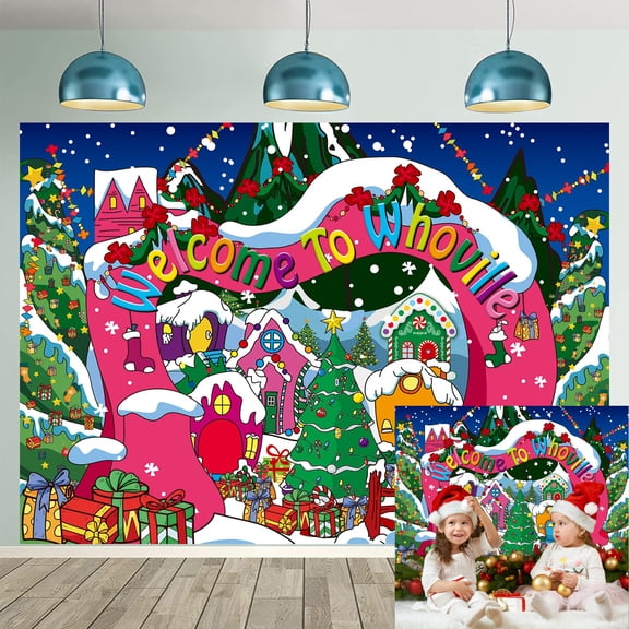 8x6FT Christmas Backdrop Vinyl Welcome to Whoville Backdrop Winter Christmas Village Photography Background Christmas Decorations Indoor Happy New Year Party Decoration