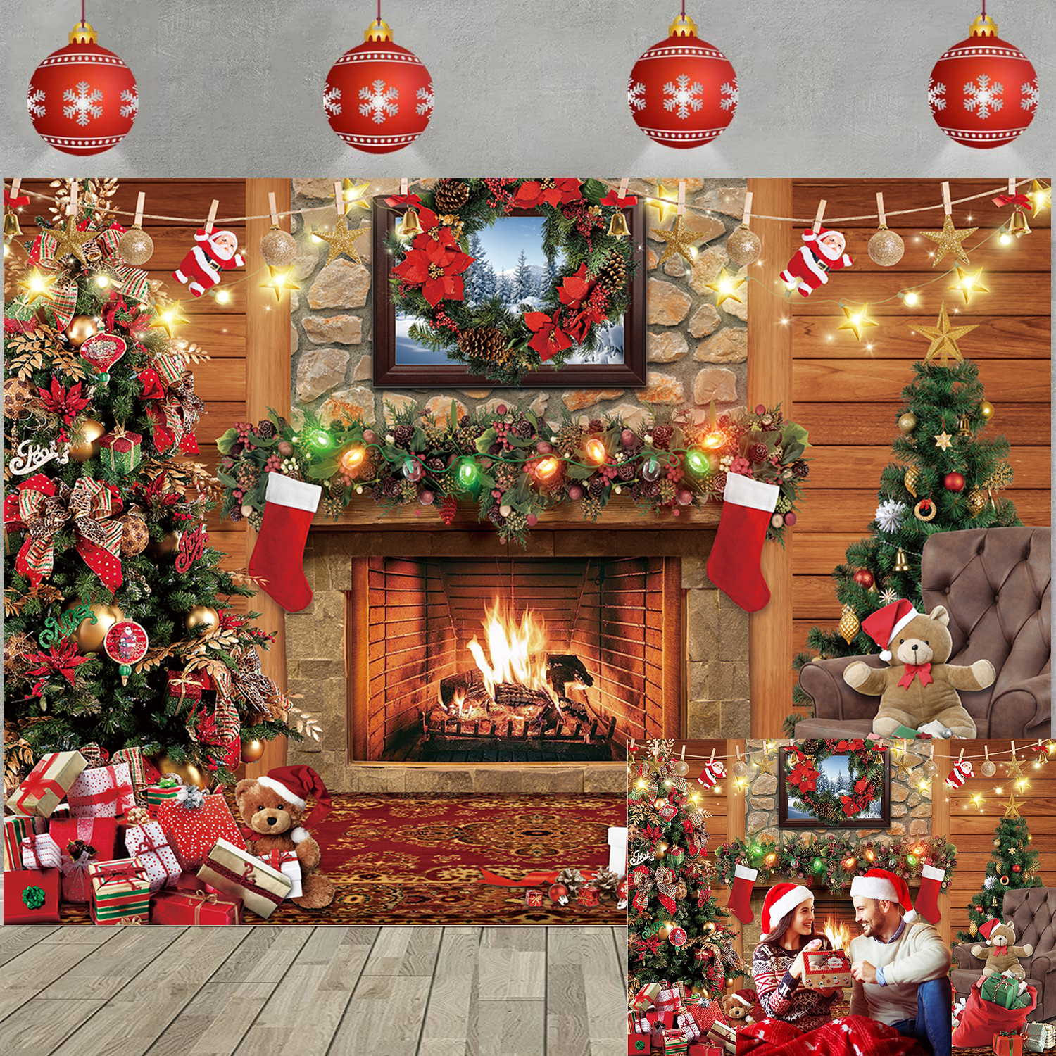8x6FT Christmas Fireplace Backdrop Winter Vintage Merry Christmas Eve ...