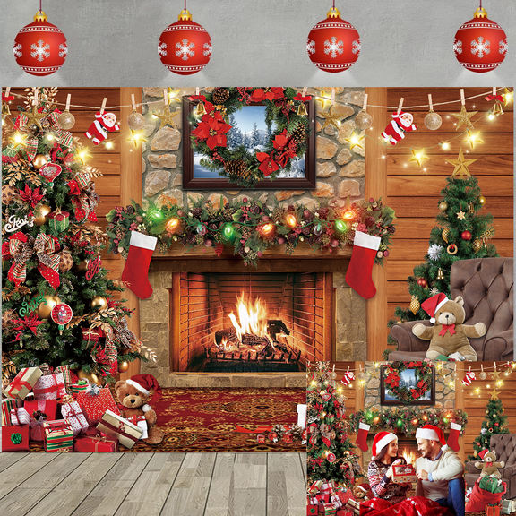8x6FT Christmas Fireplace Backdrop Winter Vintage Merry Christmas Eve Photography Background for Family Kids Xmas Party Decoration Portrait Photo Booth Props