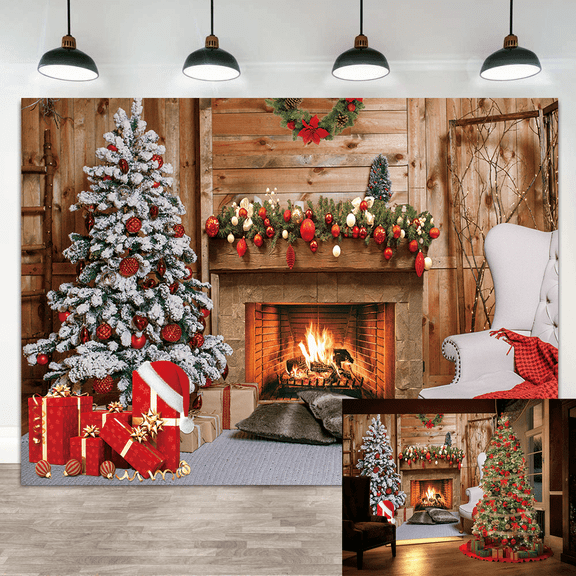 8x6FT Christmas Fireplace Theme Backdrop Merry Christmas Eve Photography Background Merry Xmas Trees Gifts Photo Background Family Party Decoration Supplies