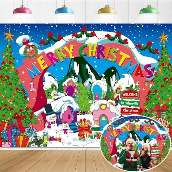 8x6FT Christmas Village Backdrop Welcome to Whoville Background Merry Christmas Banner Decorations