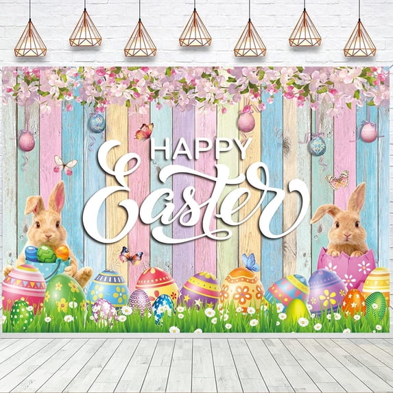 8x6FT Easter Backdrop Spring Easter Photography Backdrop Colorful Wooden Board Easter Eggs Rabbit Flowers Background for Newborns Baby Showers Kids Birthday Party Supplies