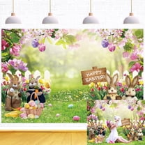 8x6FT Easter Backdrop Spring Garden Backdrop Easter Rabbit Eggs Pink Floral Green Lawn Fence Background Birthday Party Decoration